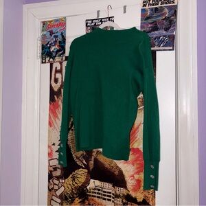 Tahari Green Mock Neck Sweater with Floral Bejeweled Sleeve Details